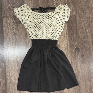 Cream and Black Polka Dot and Black Dress size large with ribbon detail